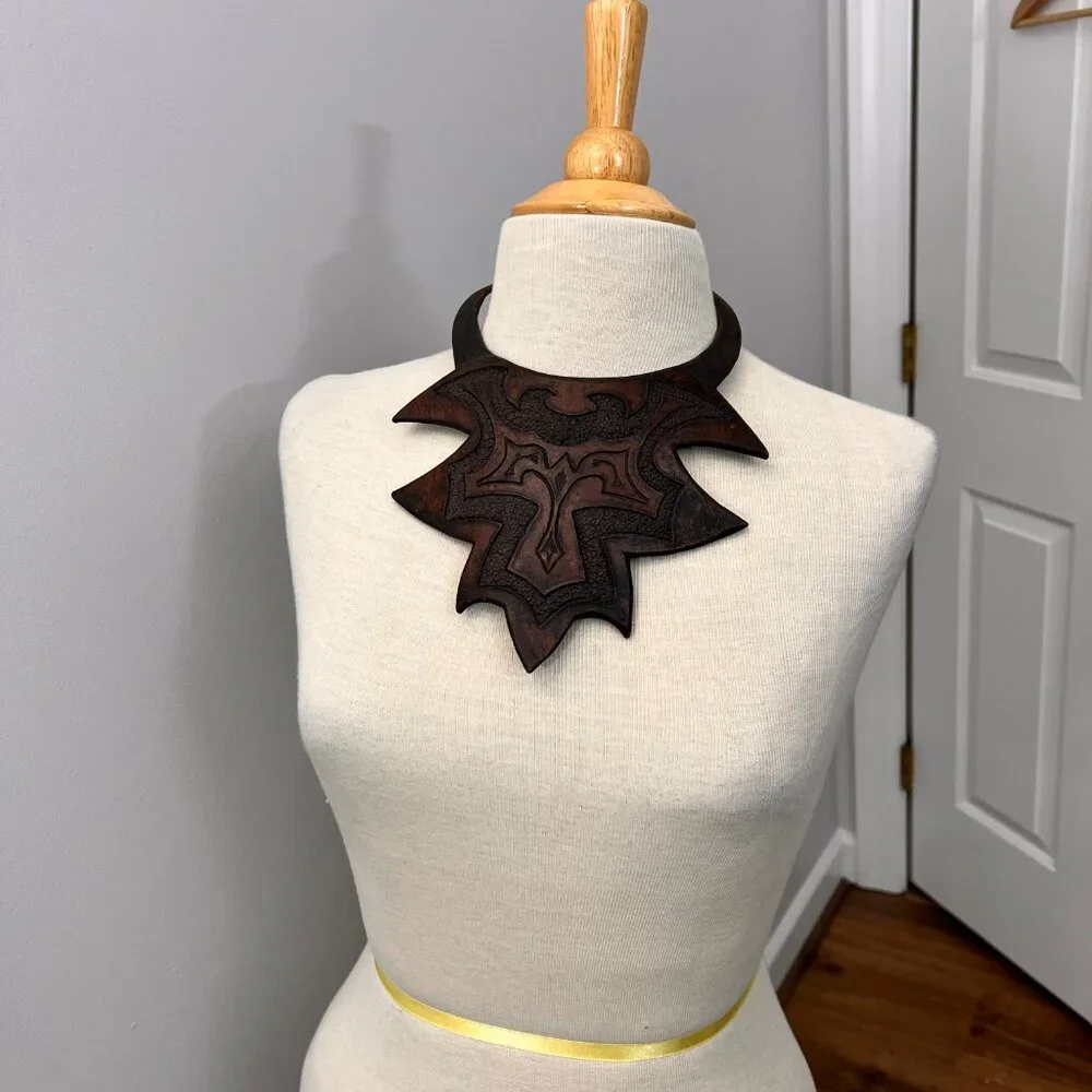 Vintage Leather Breastplate Choker Engraved Necklace Statement Piece African